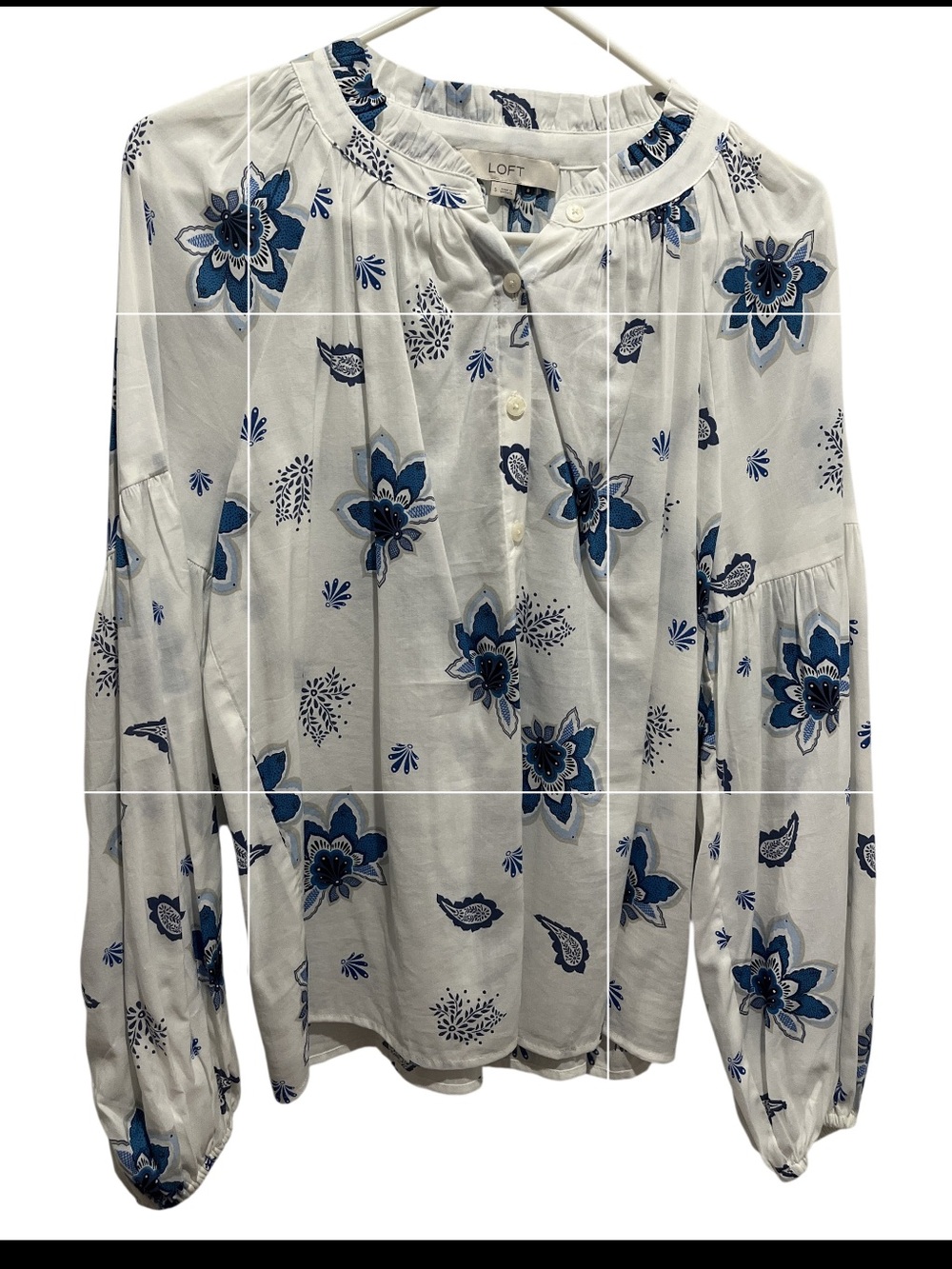LOFT White Peasant Blouse with Blue Floral Print